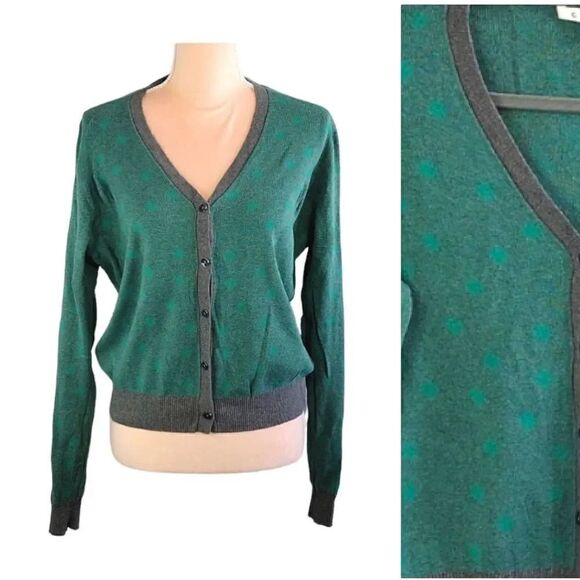 cAbi Retro Green Polka Dot Grey Trim Button Front Knit Cardigan Large - Picture 5 of 16